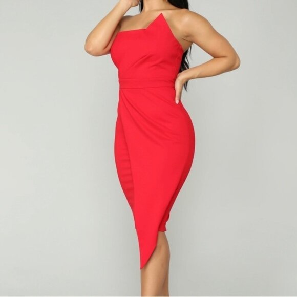 𝙁𝙍𝙀𝙀 🅽🅴🆆 Fashion Nova Hope You’re Happy Dress, asymmetrical red midi, M - Picture 3 of 14